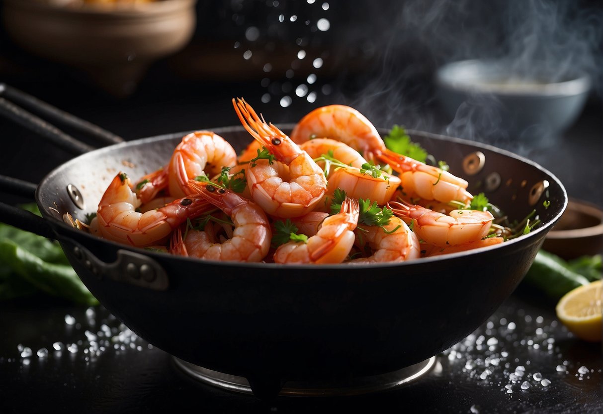 Prawns being tossed in a wok with sizzling oil and sprinkled with salt, creating a mouthwatering aroma