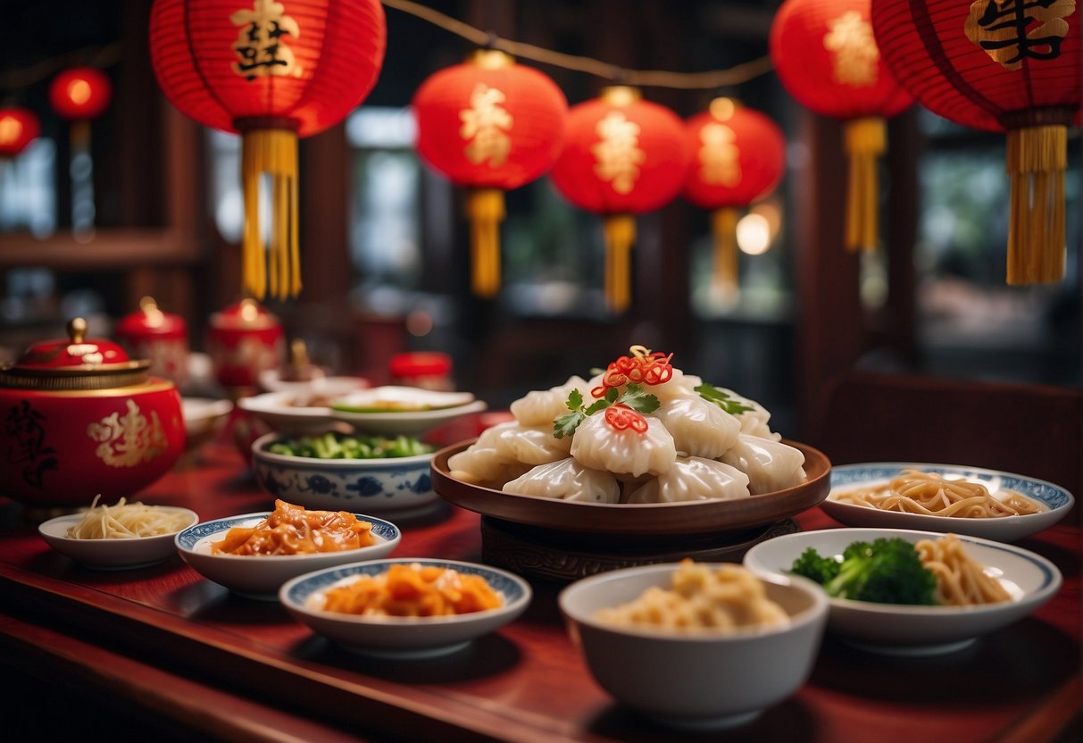 The table is set with traditional Chinese New Year dishes, including steamed fish, dumplings, and longevity noodles. Red lanterns hang overhead, and a festive atmosphere fills the room