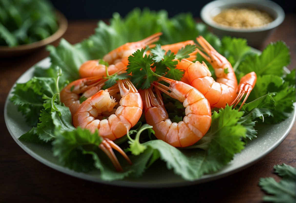 A platter of salted prawns, garnished with fresh cilantro, and served on a bed of vibrant green lettuce leaves