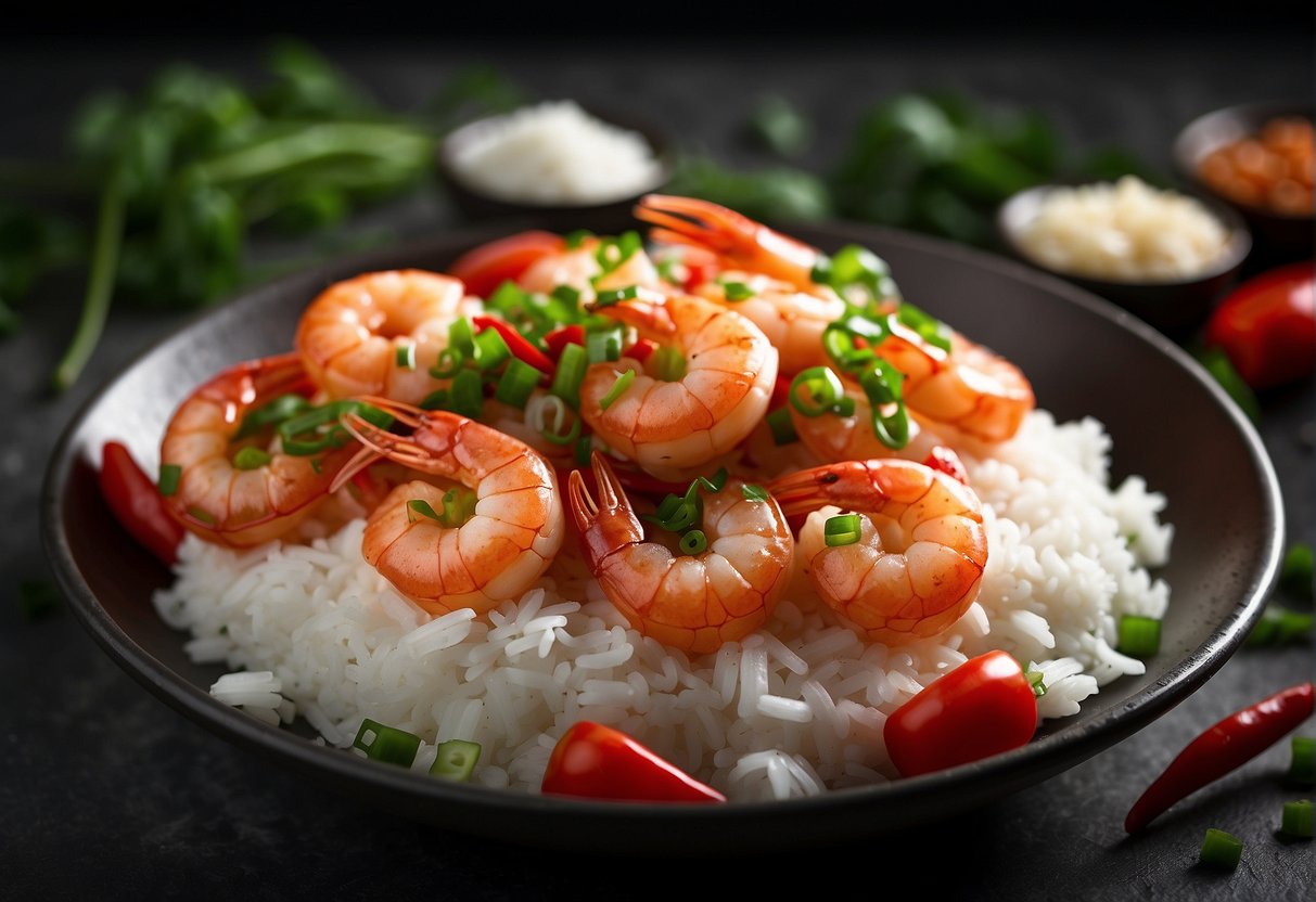 A plate of sizzling salted prawns, surrounded by vibrant green scallions and red chili peppers, with a steaming bowl of fluffy white rice on the side