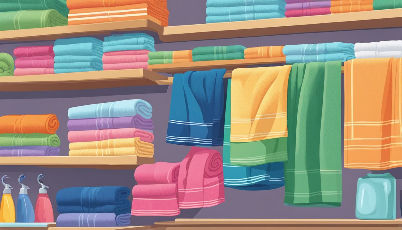 A hand reaches for a vibrant "Good Morning" towel on a shelf in a Singaporean store. The towel is neatly displayed among other colorful options