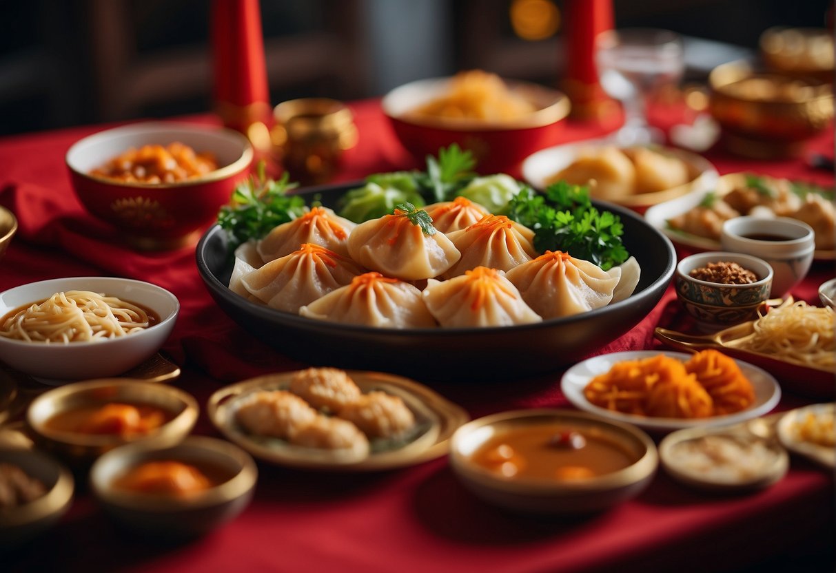 A table set with traditional Chinese New Year dinner dishes, including dumplings, noodles, fish, and various symbolic foods. Red and gold decorations adorn the room