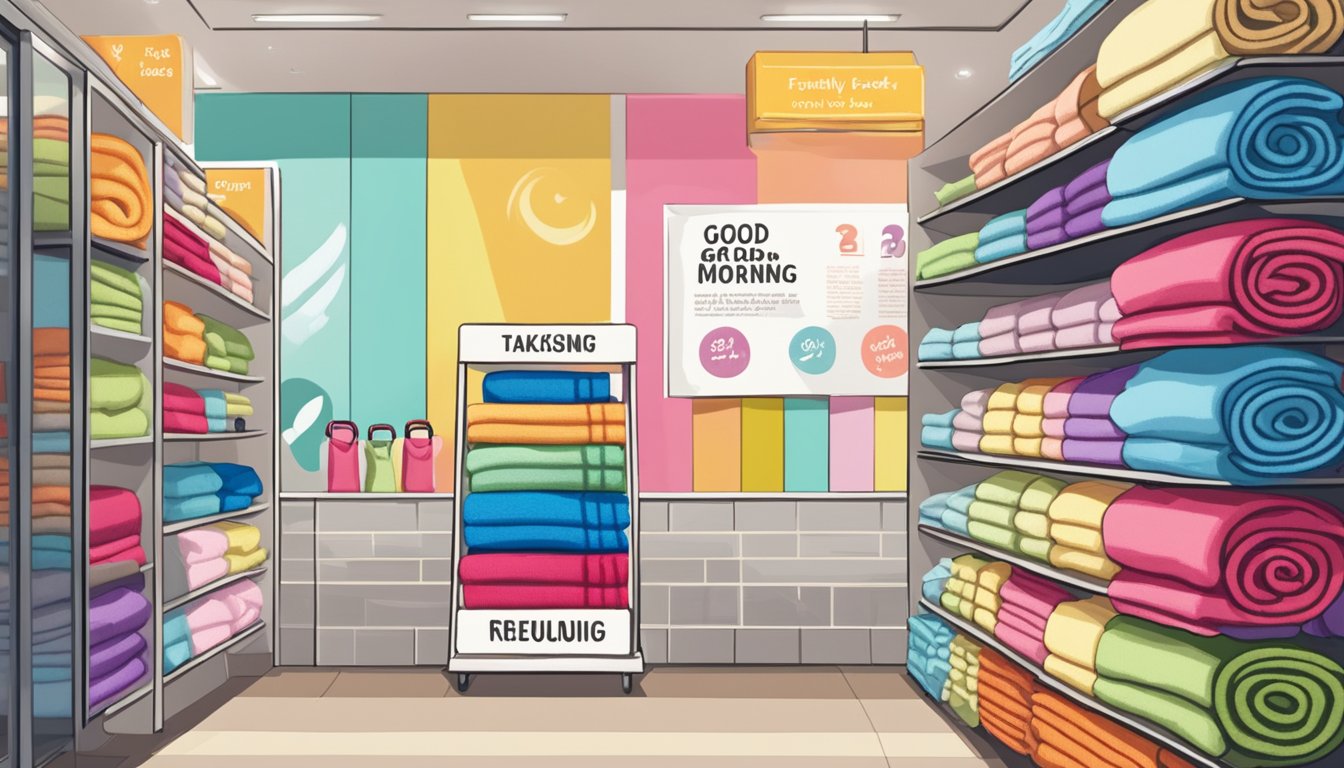 A display of colorful "Good Morning" towels in a Singaporean store, with a sign indicating "Frequently Asked Questions" about their purchase