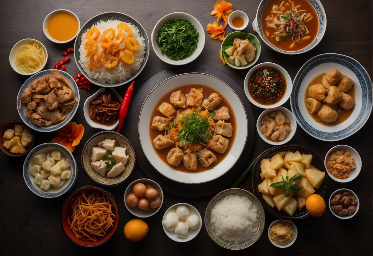 A table filled with popular Chinese New Year dishes and ingredients in Singapore