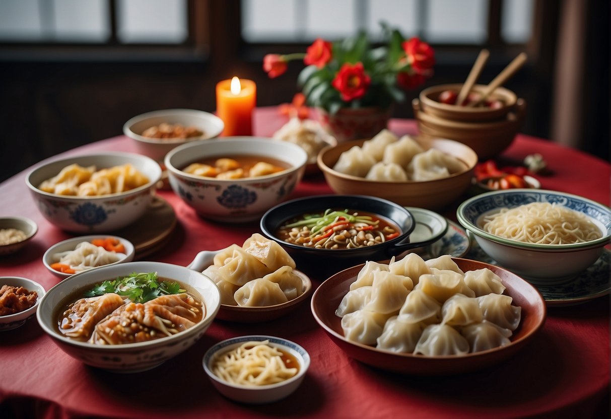 A table set with various traditional Chinese New Year dishes, including dumplings, fish, and longevity noodles, surrounded by festive decorations