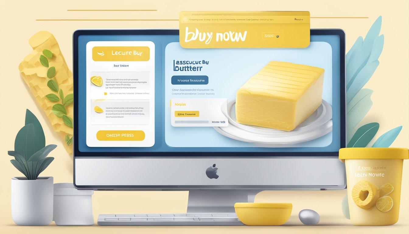 A computer screen displaying a website with the "buy now" button for Lescure butter highlighted, surrounded by images of the product and a secure checkout process