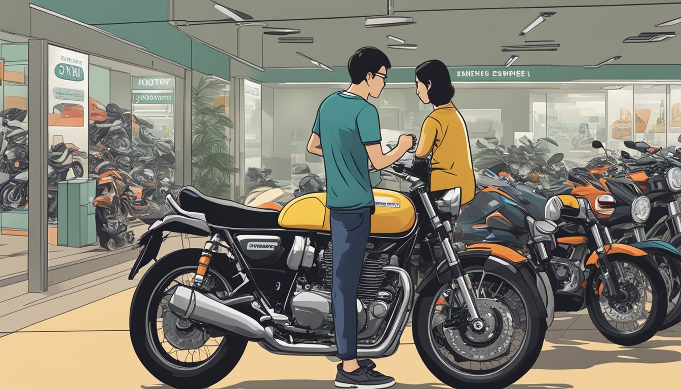 A foreigner browsing motorcycles in a Singapore showroom, with a sign reading "Frequently Asked Questions: Can a foreigner buy a motorcycle in Singapore?" displayed prominently