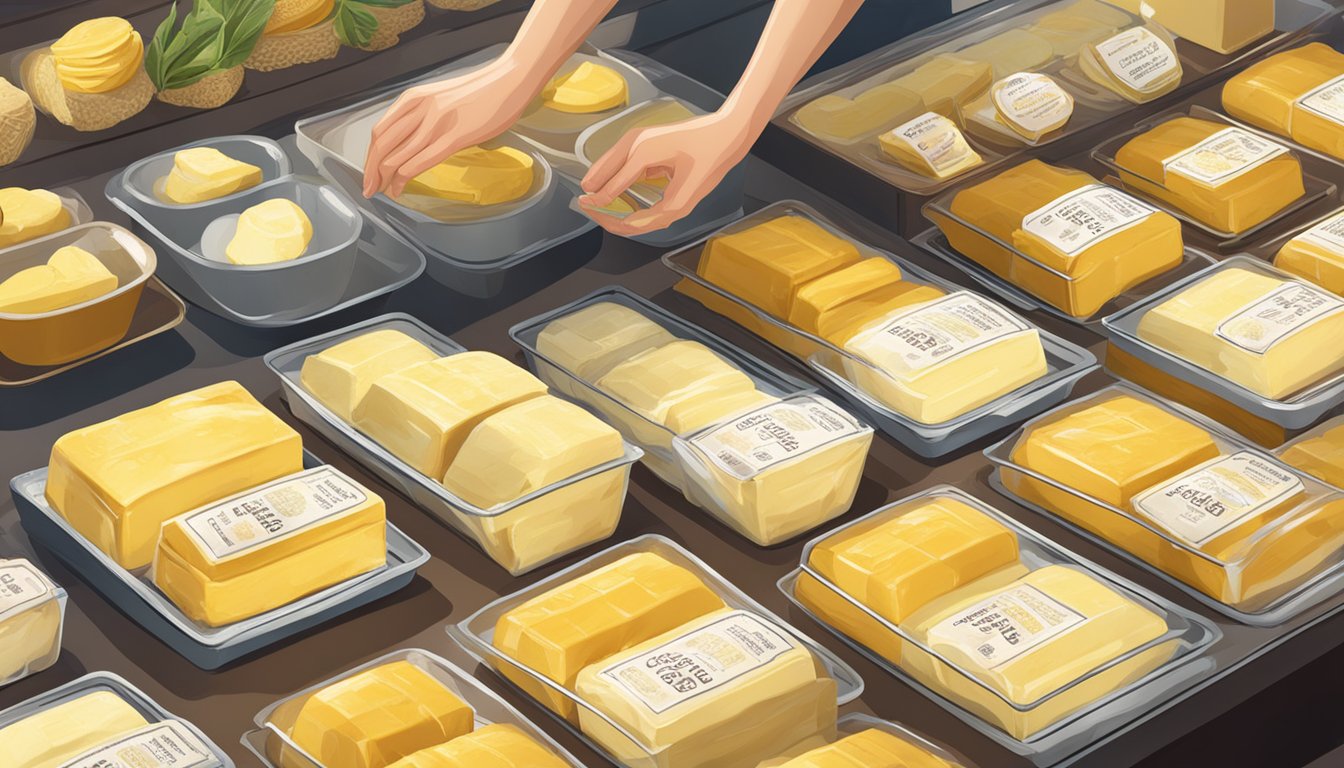 A table displays various Lescure butter varieties with labels. A hand reaches for a package. Sunlight highlights the rich, creamy textures