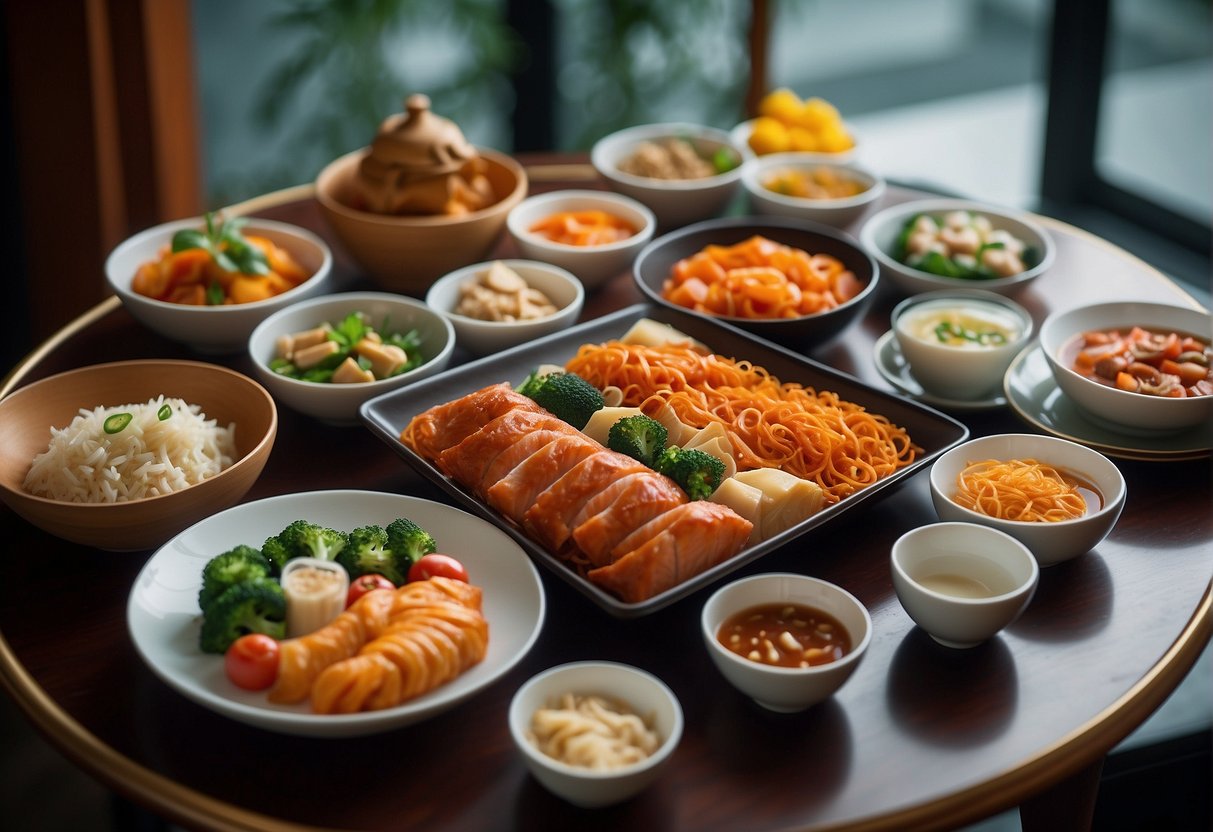 A table set with modern Chinese New Year dishes, featuring dietary variations and twists, in a vibrant Singaporean setting