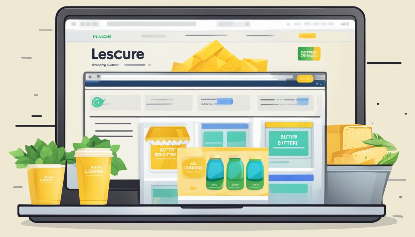 A computer screen displaying a website with the "Lescure butter" logo, a shopping cart icon, and a "purchase" button highlighted