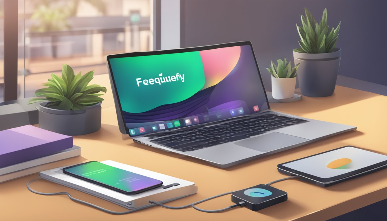 A laptop charger sits on a desk with a "Frequently Asked Questions" sign in the background