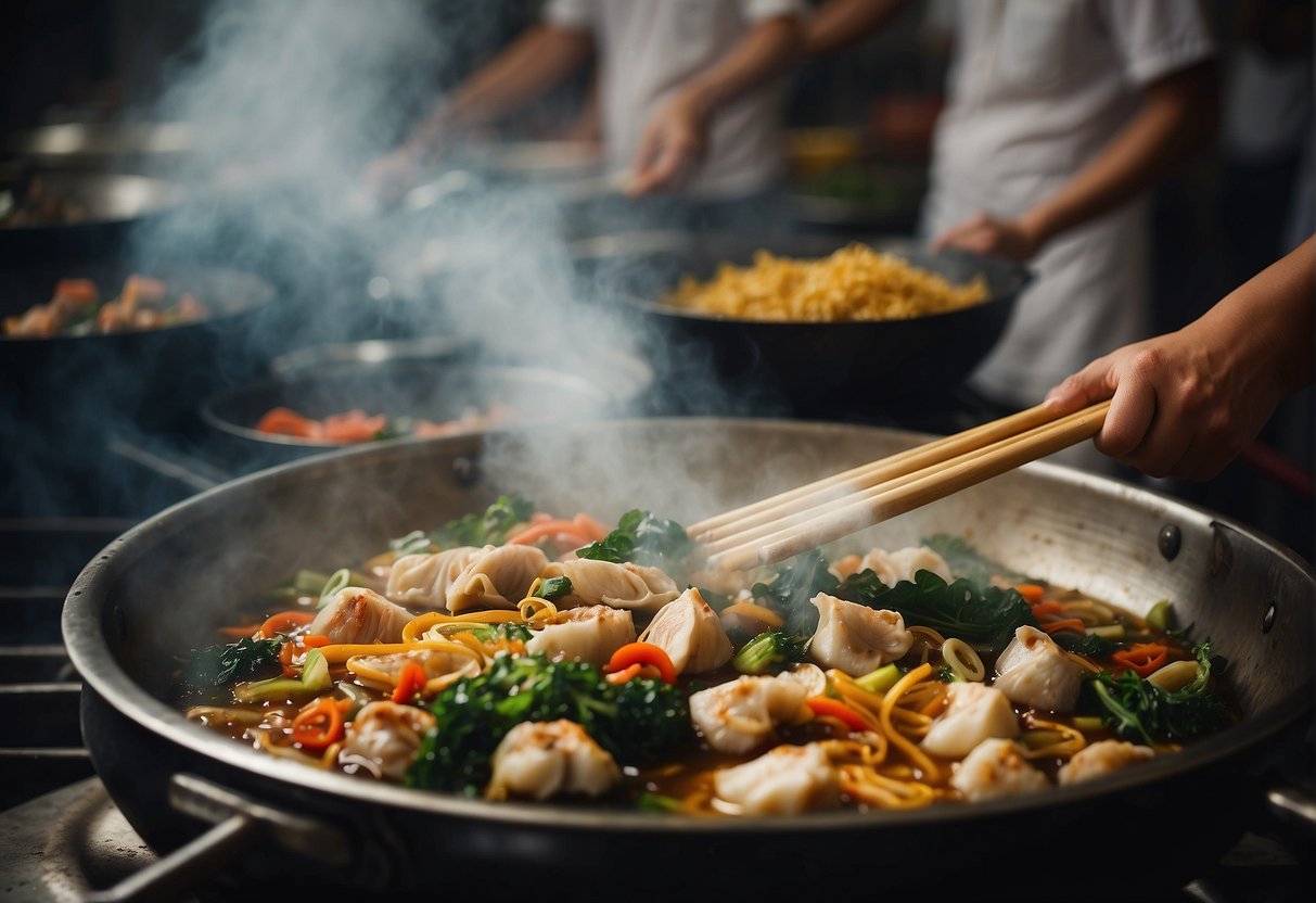 A bustling kitchen filled with sizzling woks, steaming bamboo steamers, and colorful ingredients for traditional Chinese New Year dishes in Singapore