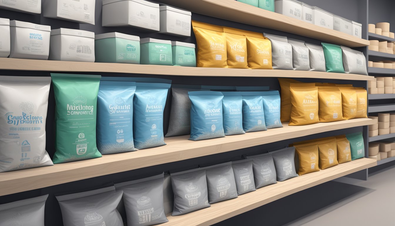 A shelf lined with bags of gypsum powder, labeled with pricing and product information, in a store in Singapore