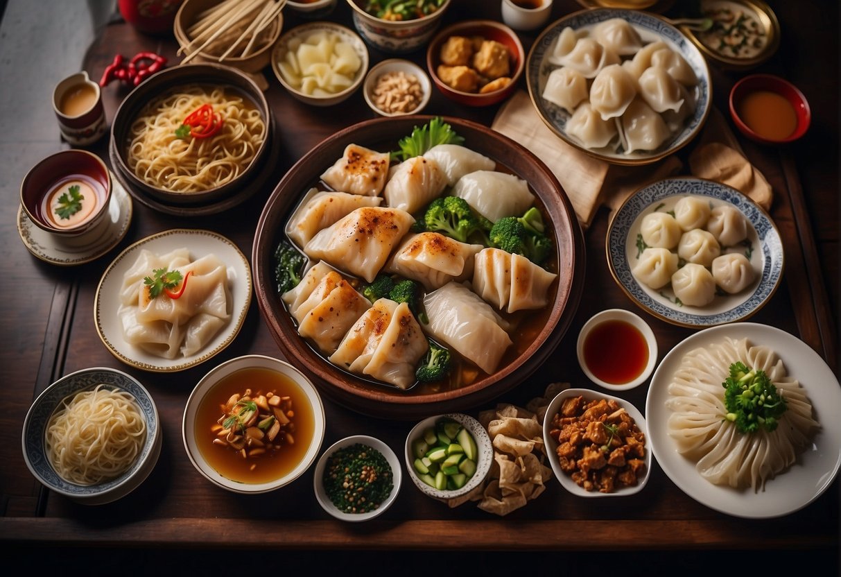 A table overflowing with traditional Chinese New Year dishes, including steamed fish, dumplings, and longevity noodles, all beautifully presented and ready to be enjoyed in a festive atmosphere