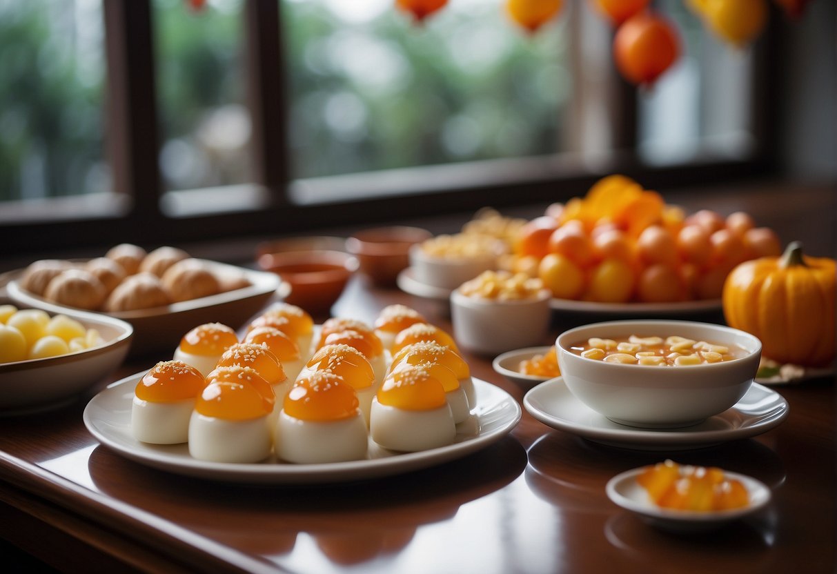 A table adorned with traditional Chinese New Year desserts and sweet treats, including tangyuan, nian gao, and sweet rice cakes