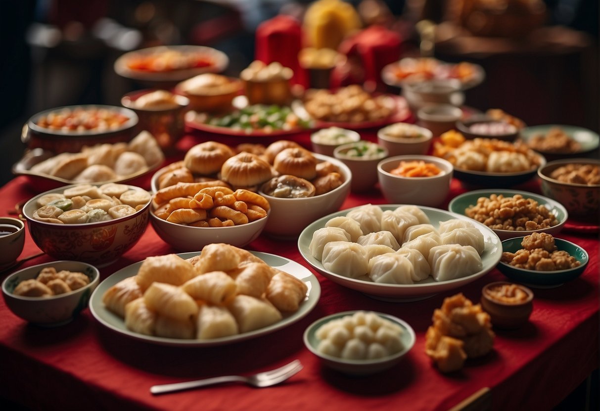 A table filled with a colorful array of Chinese New Year dishes, including snacks and dim sum delights, arranged in an inviting and festive display