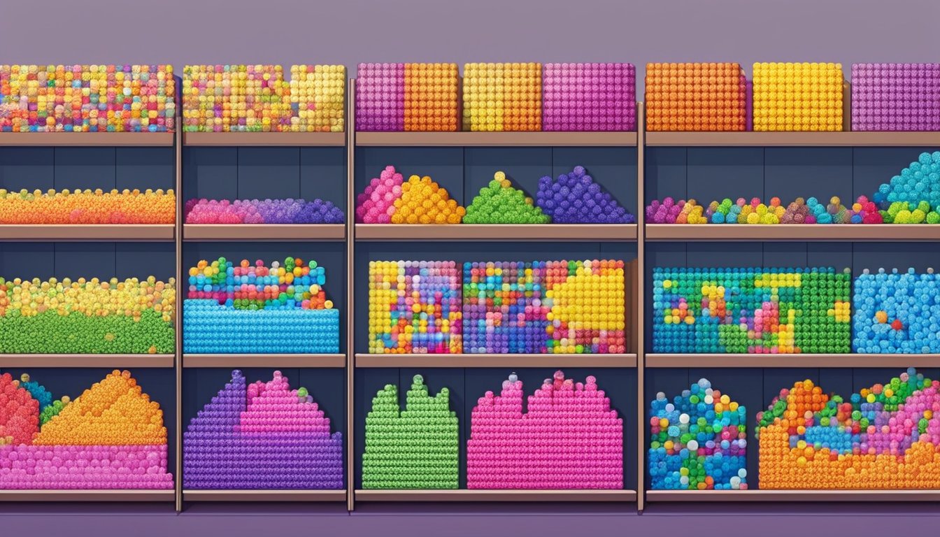 A colorful display of Hama beads arranged on shelves in a Singapore store, with a sign indicating "Frequently Asked Questions" about purchasing