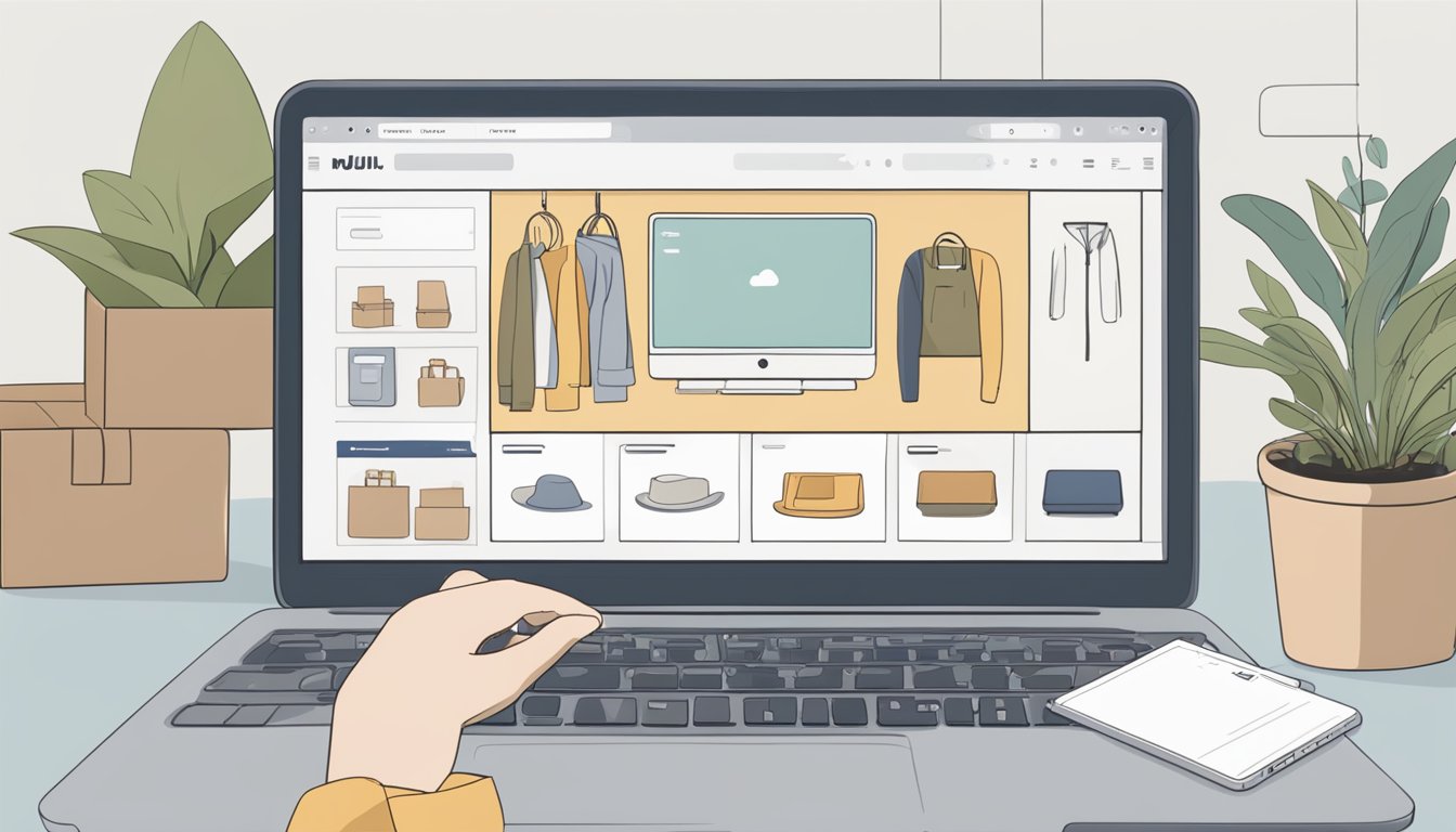 A person browsing a laptop, with a Muji website open, adding items to a virtual shopping cart
