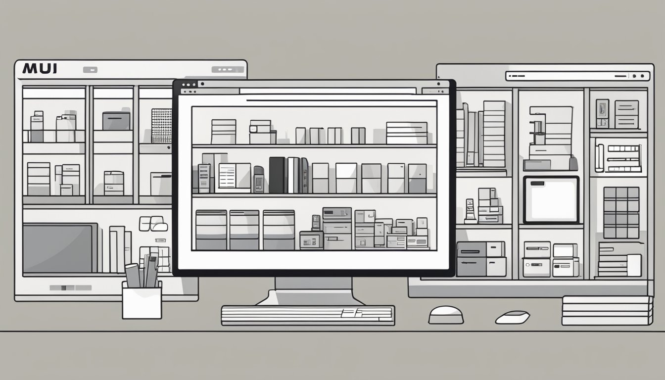 A computer screen displays the Muji Online Store homepage, showcasing various products and categories. The clean and minimalist design is highlighted, with a focus on simplicity and functionality