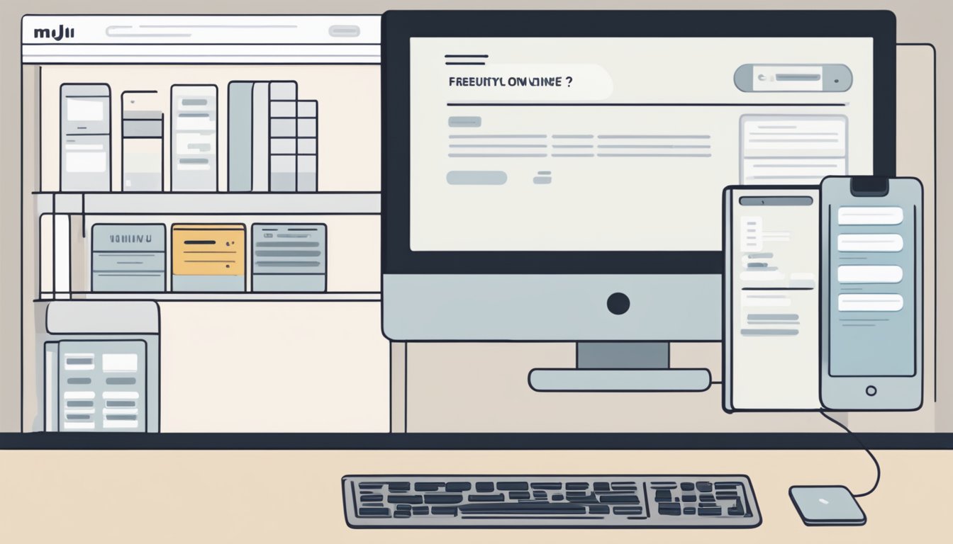 A computer screen displaying the Muji website with a search bar and "Frequently Asked Questions: Can I buy Muji online" prominently displayed