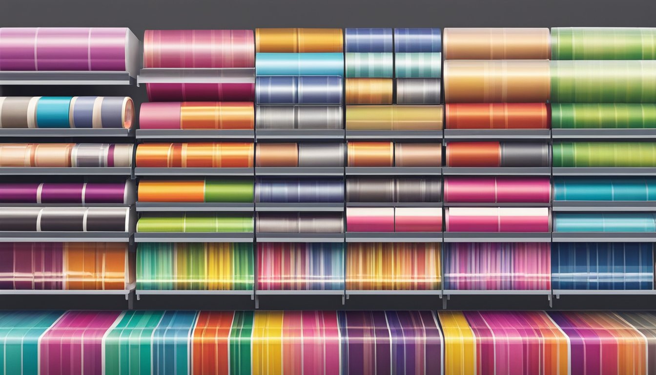 A colorful array of heat transfer vinyl rolls displayed on shelves in a Singaporean craft store. Bright packaging and various textures catch the eye