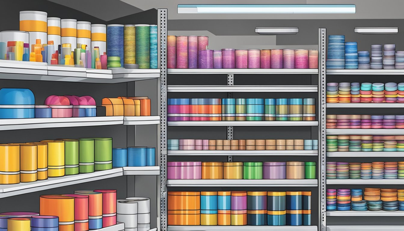 A store shelf displays various rolls of heat transfer vinyl in a variety of colors and patterns, with price tags clearly visible