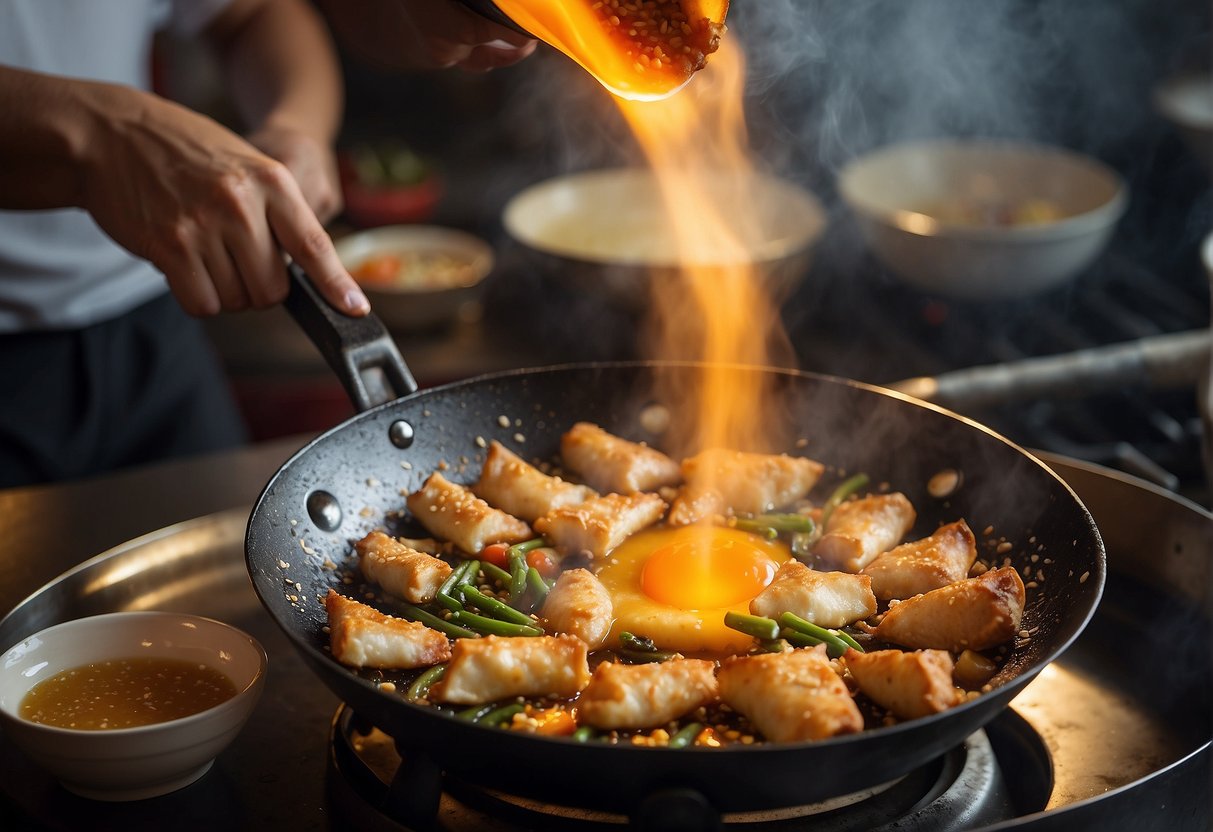 A wok sizzles with hot oil as a cook expertly fries up golden egg rolls, filling the air with the aroma of savory pork and crunchy vegetables