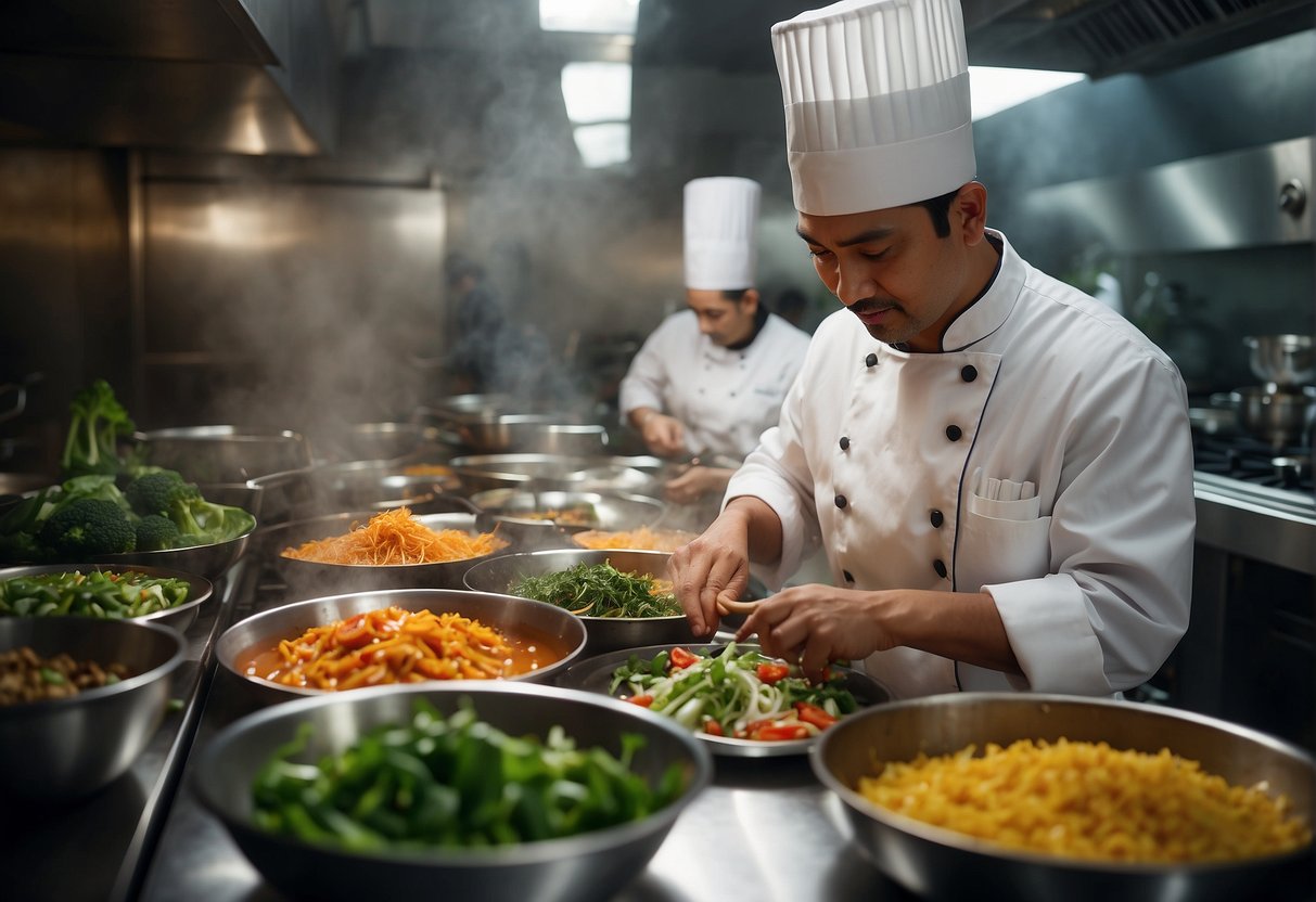 A chef prepares a fusion dish, combining Indian and Chinese ingredients. The kitchen is filled with the aromas of spices and stir-fried vegetables