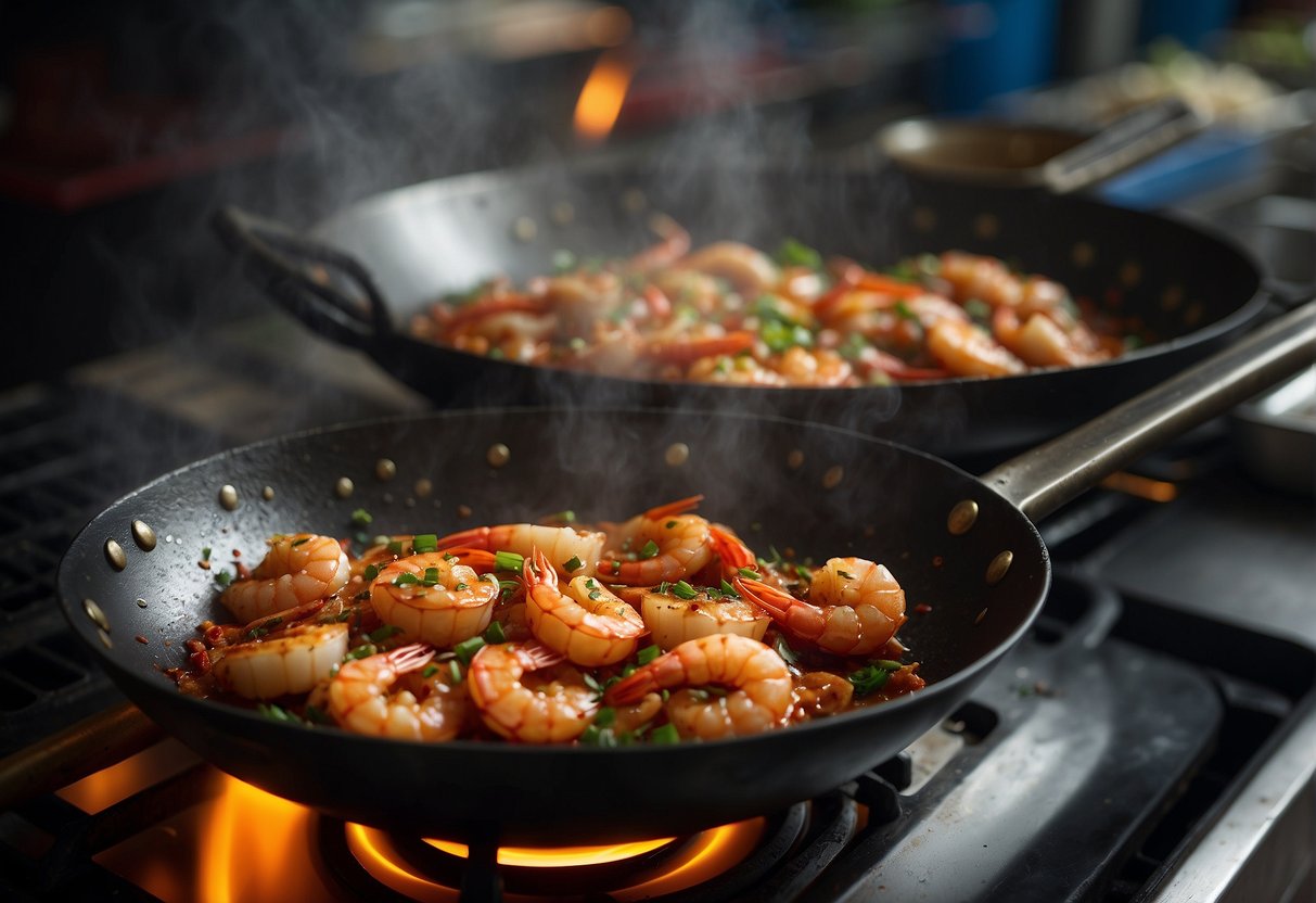 A wok sizzles with sambal-coated prawns, stir-frying with garlic, ginger, and chili, creating a spicy aroma in a bustling Chinese kitchen