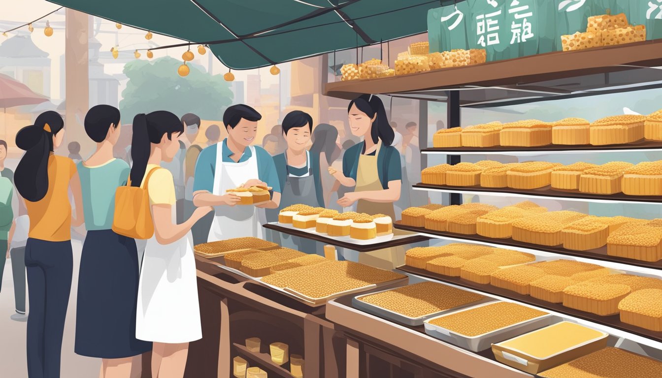 A bustling market stall displays various honeycomb cakes in Singapore. Customers line up to purchase the delectable treat, while the aroma of sweet, caramelized honey fills the air