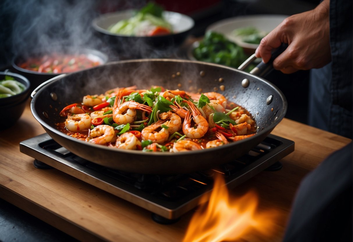 A wok sizzles with prawns, chili, and garlic. Steam rises as the fragrant sambal sauce coats the seafood, creating a mouthwatering aroma