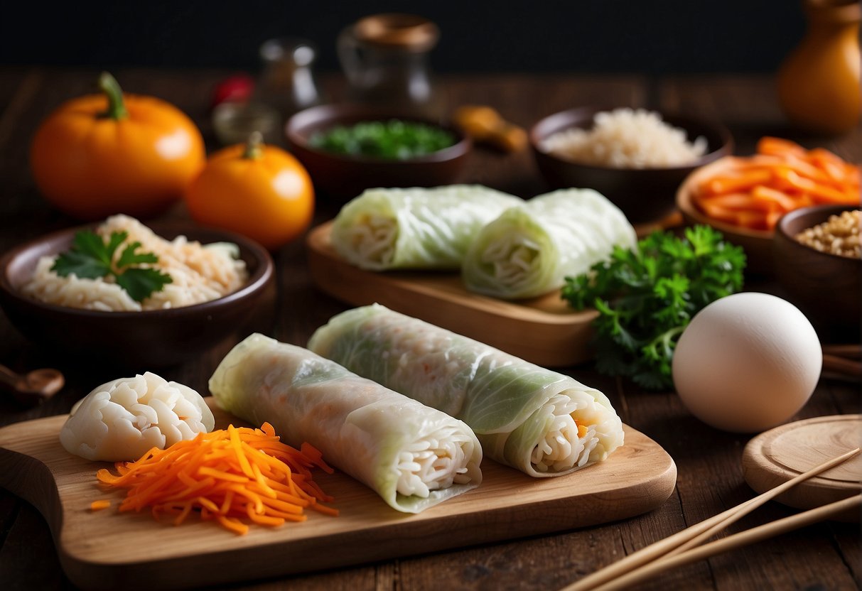 A table with various ingredients for Chinese New Year egg rolls, including cabbage, carrots, pork, and wrappers. Possible substitutions such as tofu and mushrooms are also displayed