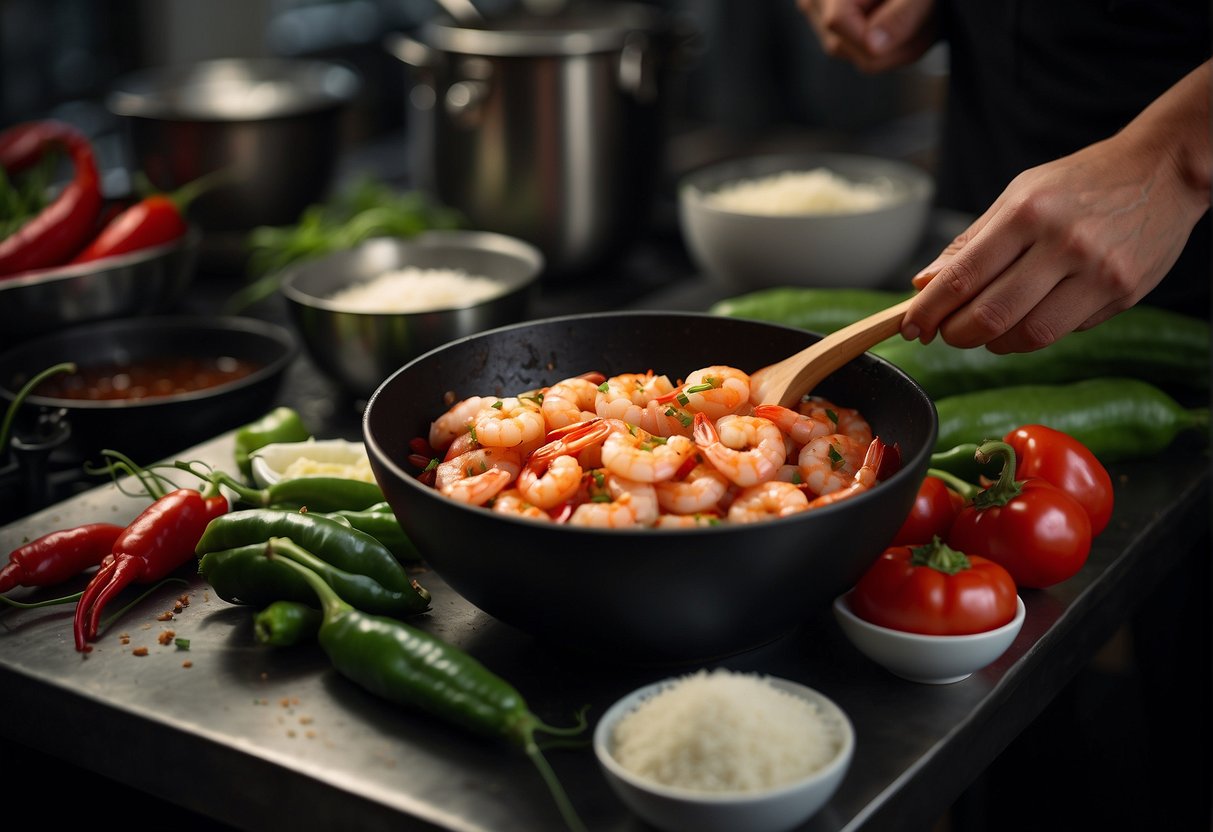 Fresh prawns, chili peppers, garlic, and shallots are being chopped and mixed with soy sauce and sugar in a bowl. The ingredients are being prepared for a sambal prawn recipe