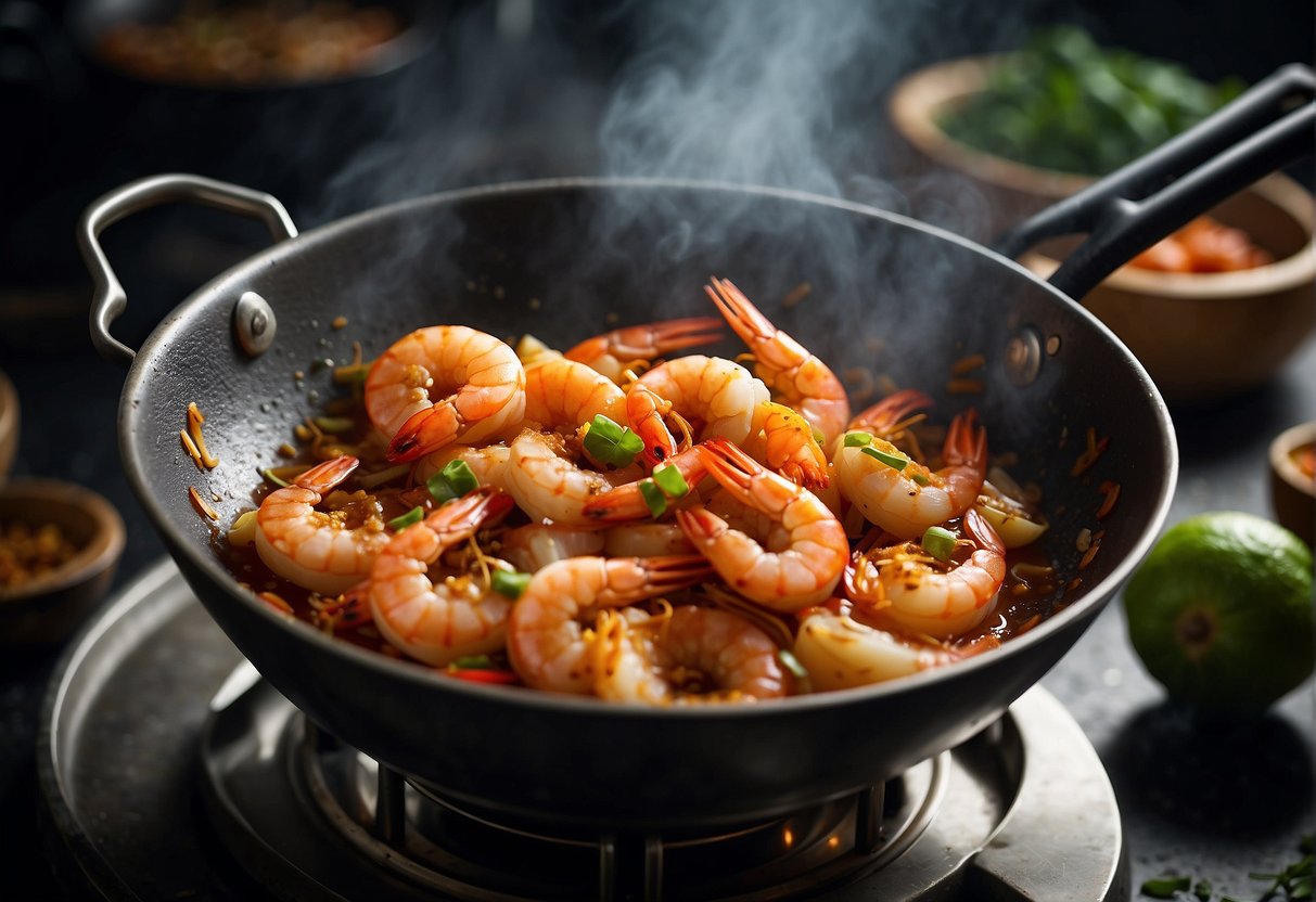 Prawns sizzle in a wok with sambal sauce, garlic, and ginger. Steam rises as the ingredients are tossed and mixed together