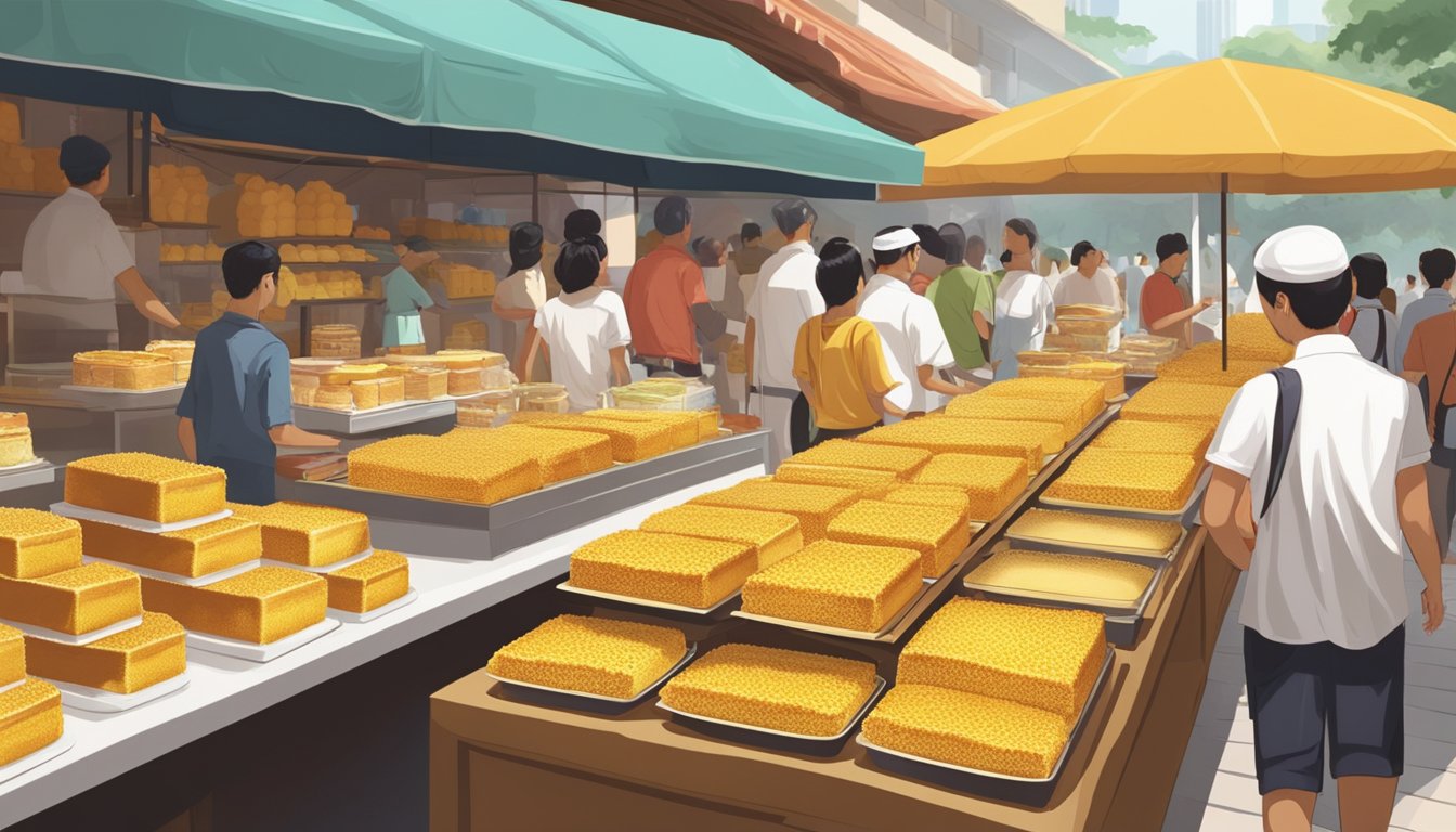 A bustling Singapore market stall displays rows of golden honeycomb cakes, their sweet aroma filling the air. Shoppers eagerly line up to buy the delectable treat
