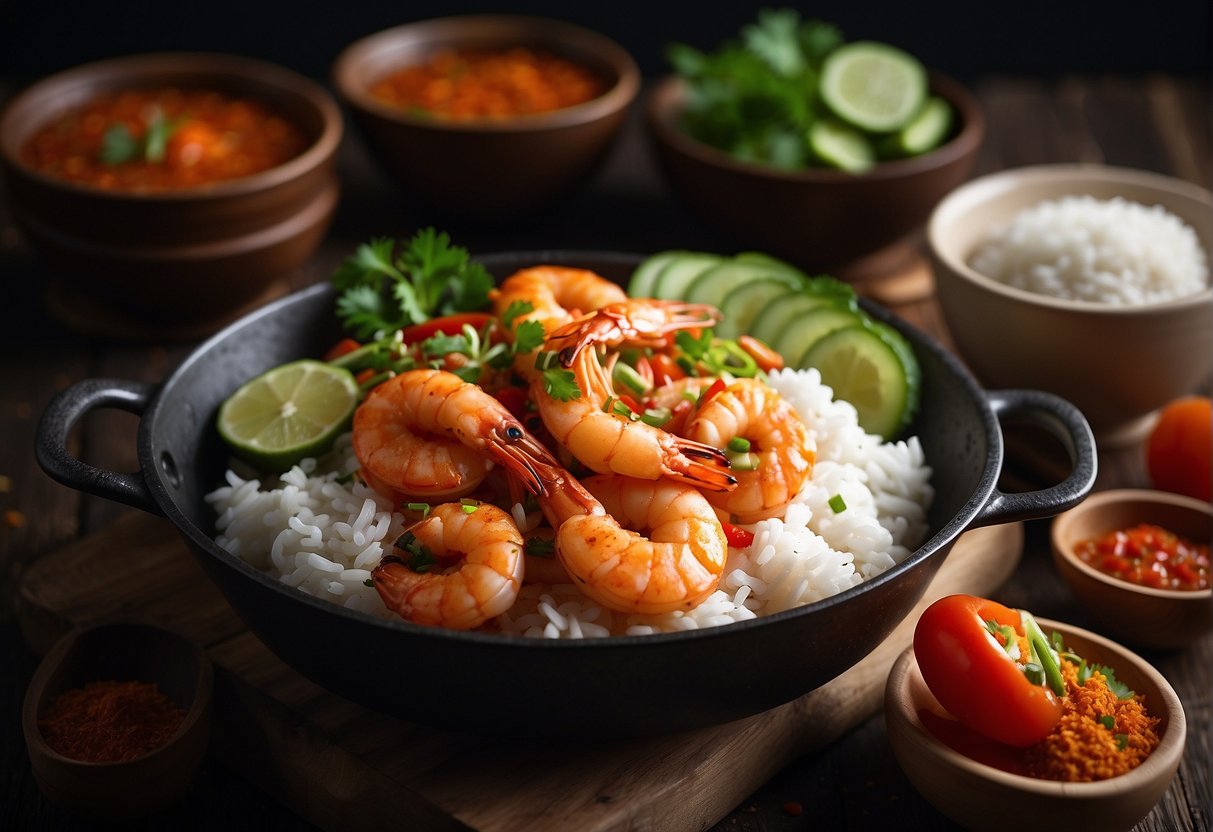 A sizzling pan of sambal prawns with aromatic Chinese spices, accompanied by a side of steamed rice and a selection of fresh vegetables for pairing