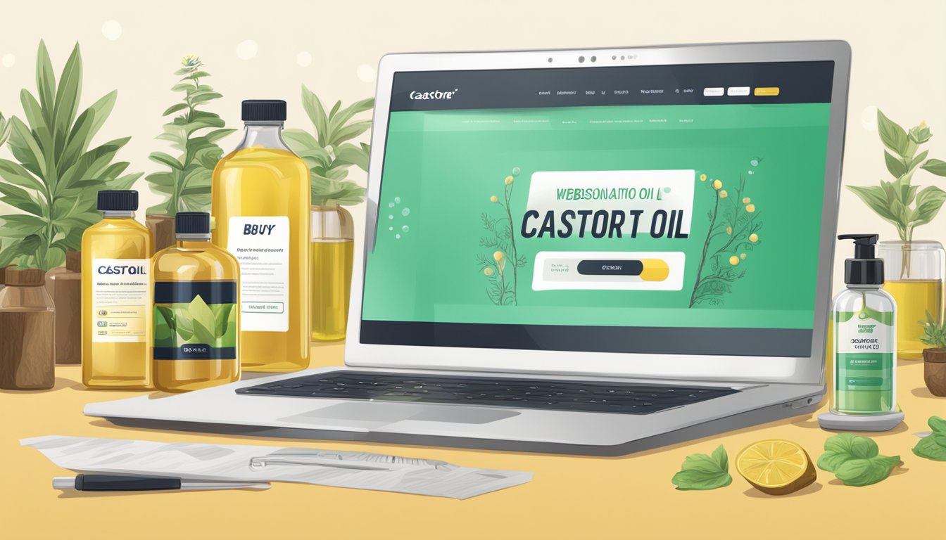 A laptop displaying a website with "Castor oil buy online" on the screen, surrounded by various bottles and containers of castor oil