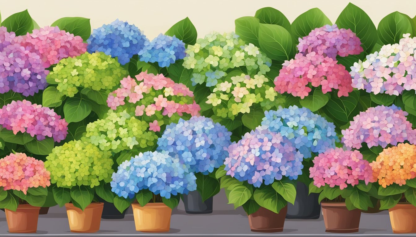 A colorful array of hydrangea plants on display at a garden center in Singapore. Various sizes and colors are neatly arranged on shelves for purchase