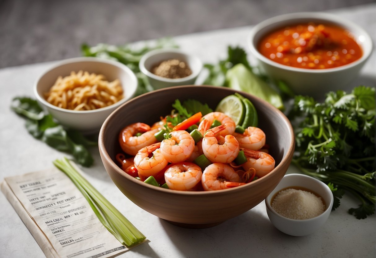 A bowl of sambal prawns with Chinese herbs and spices, surrounded by a variety of fresh vegetables and a printed nutritional information label