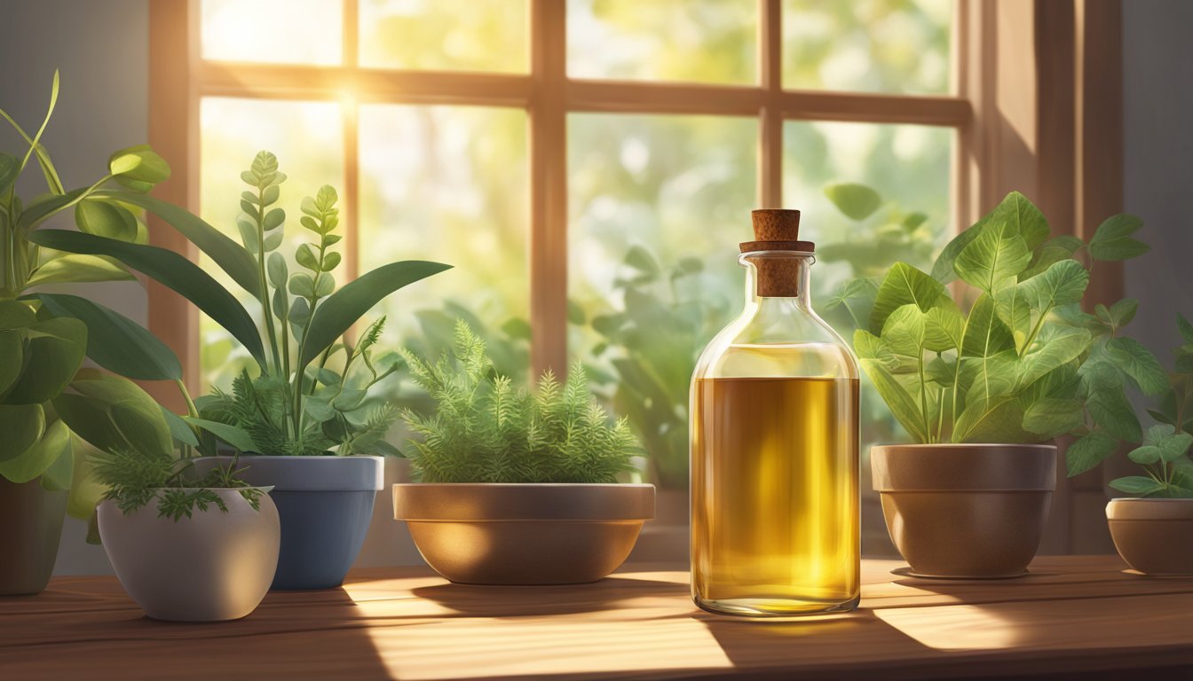 A bottle of castor oil sits on a wooden table, surrounded by various plants and herbs. The sunlight streams in through a nearby window, casting a warm glow on the scene
