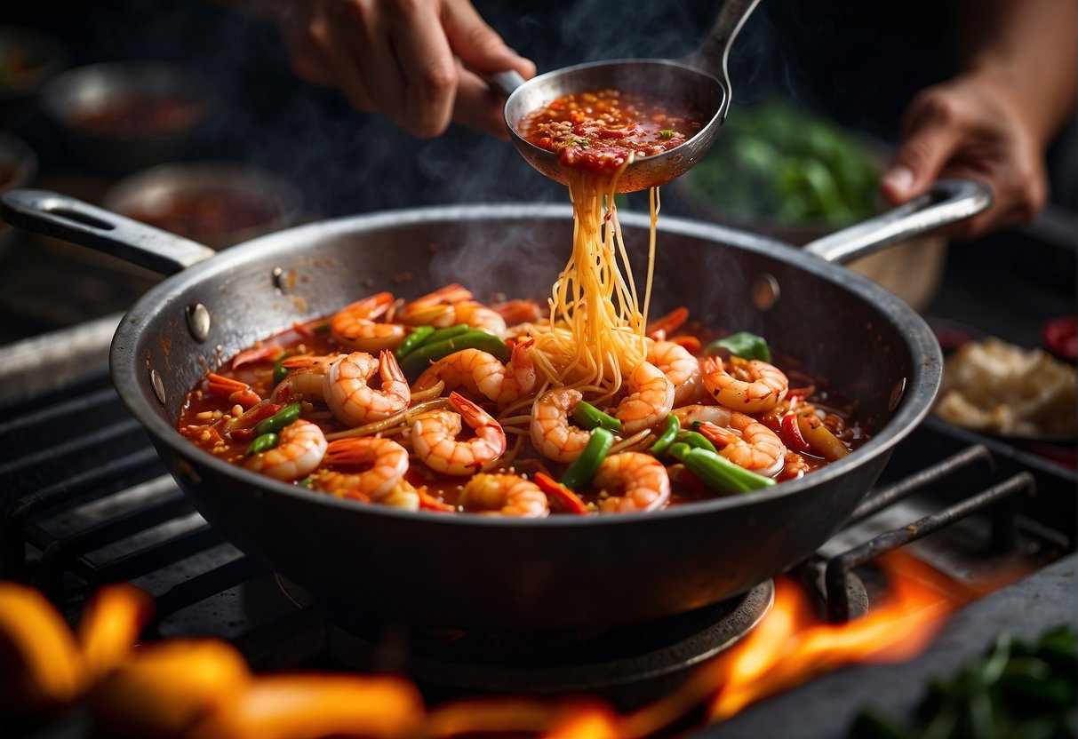 A wok sizzling with prawns, chili, and garlic, as a hand pours in a vibrant red sambal sauce, creating a spicy and aromatic Chinese dish