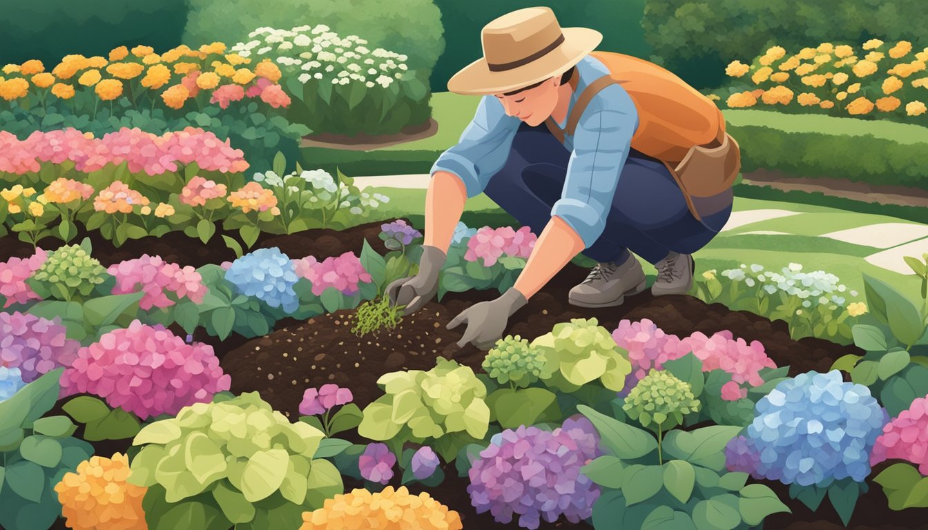 A gardener carefully planting a hydrangea in a vibrant garden bed, surrounded by bags of soil and gardening tools