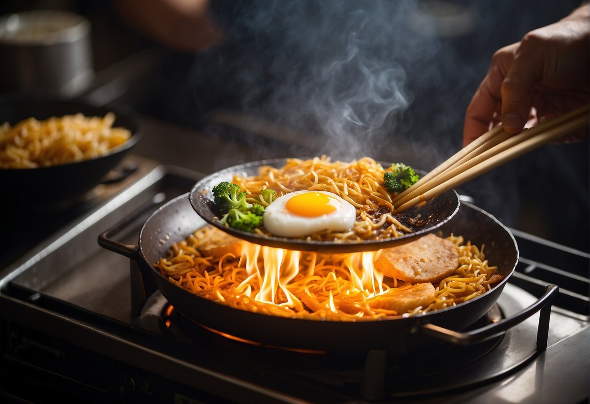 A wok sizzles over a flame, filled with hot oil. A thin, golden egg roll wrapper is being carefully rolled and fried