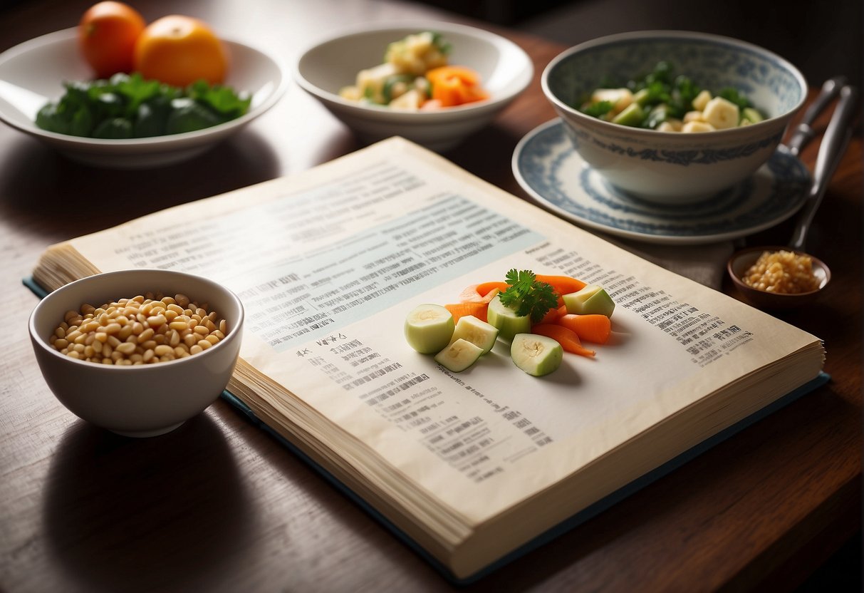 A table with a Chinese recipe book open to a page titled "Nutritional Information and Dietary Adjustments" next to a plate of finished dish