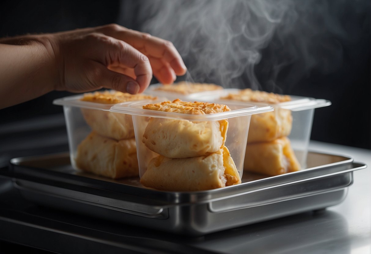 Egg rolls being placed in airtight container. Microwave door opening to reheat. Steam rising from freshly heated egg rolls