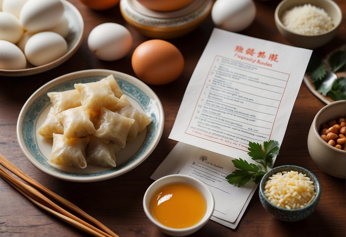 A table set with ingredients and utensils for making Chinese New Year egg rolls. A stack of recipe cards with "Frequently Asked Questions" written on them