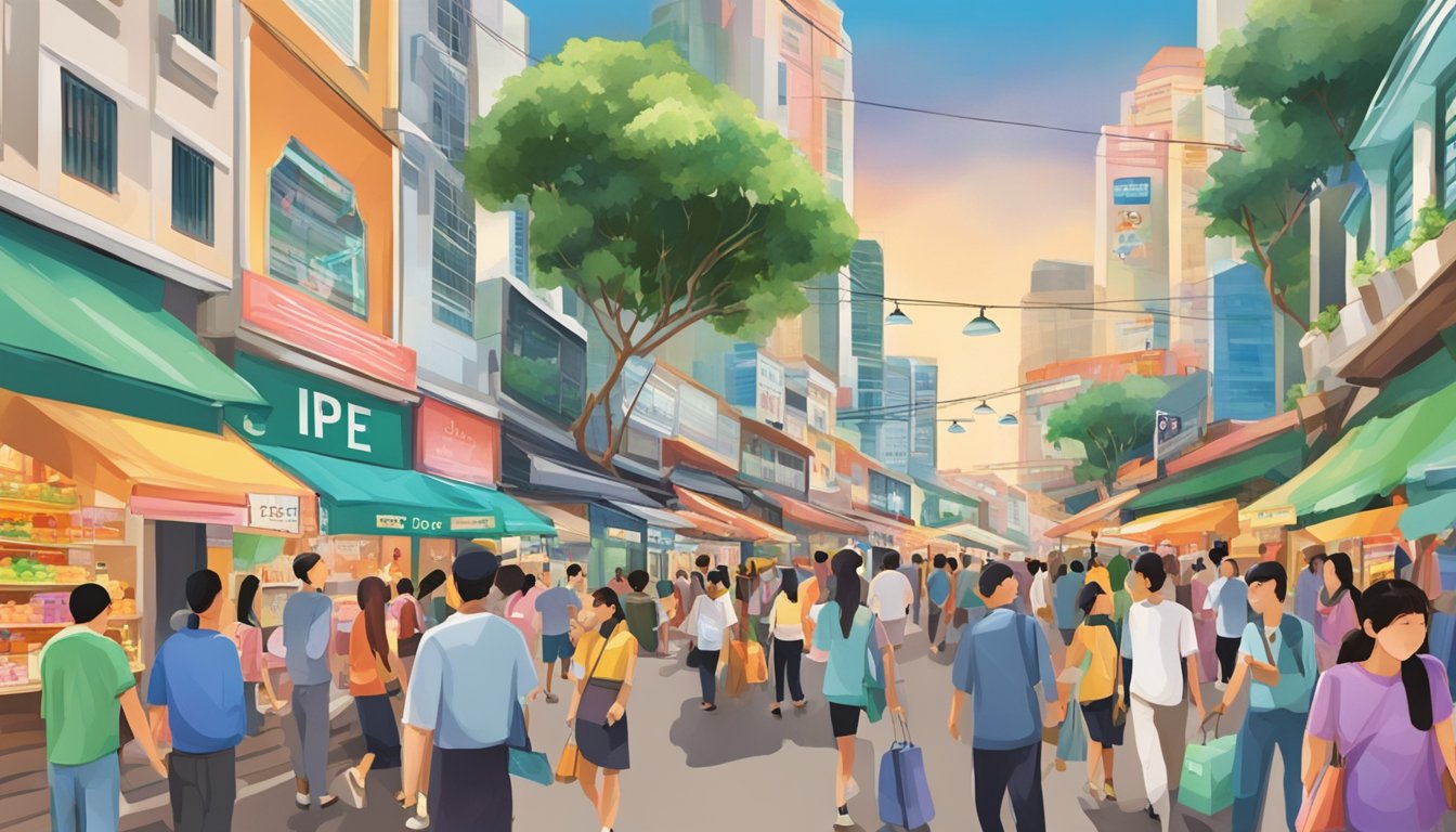 A bustling street in Singapore with vibrant storefronts, including a prominent sign for IOPE. Busy shoppers and colorful displays fill the scene