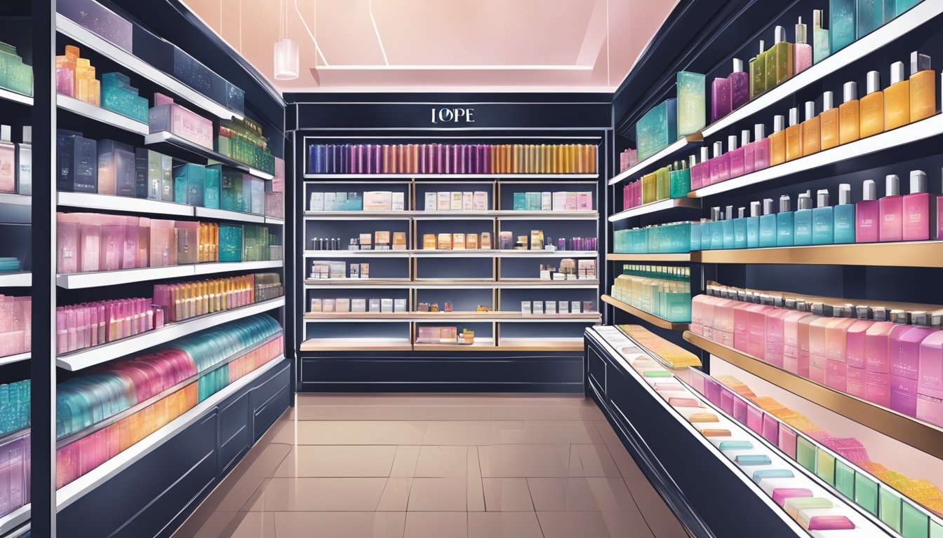 A bustling beauty store in Singapore showcases IOPE products on sleek, well-lit shelves, with vibrant packaging catching the eye of passing shoppers