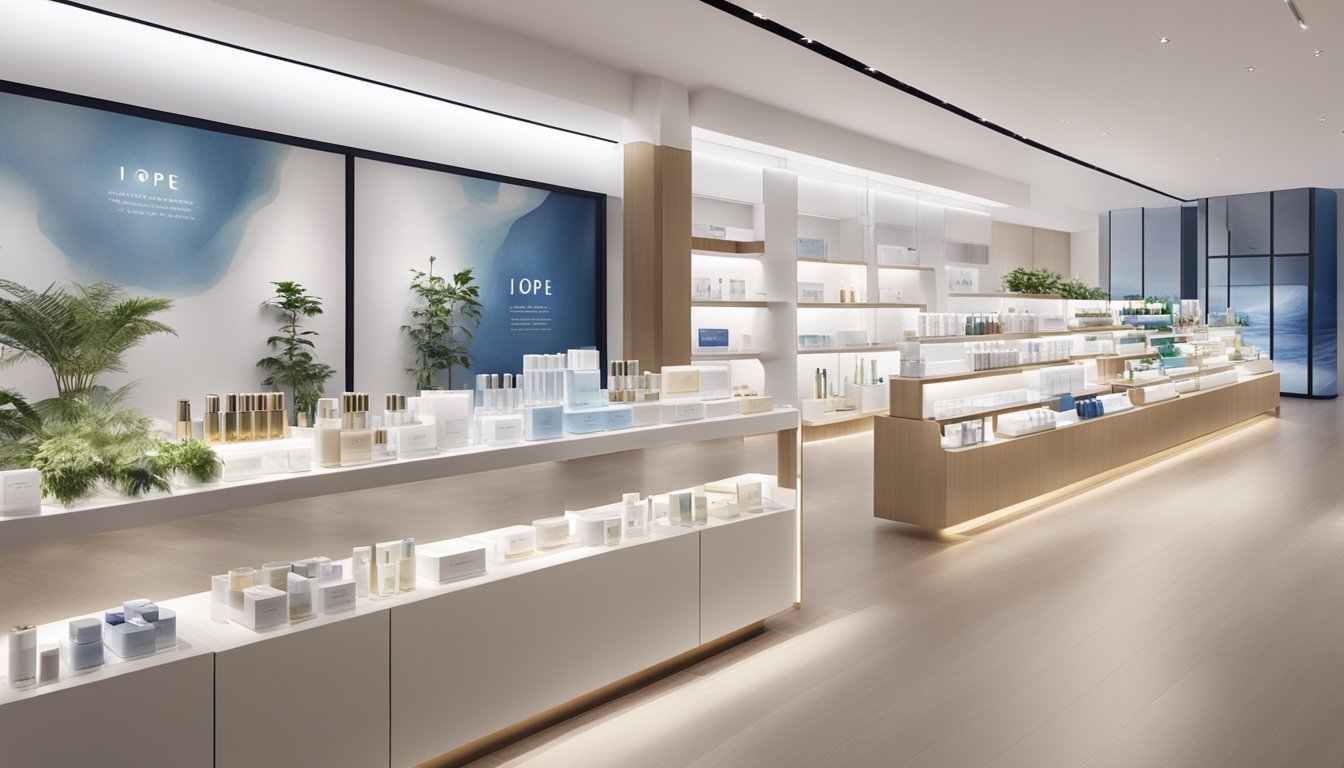 IOPE's skincare philosophy: A serene, minimalist space with clean lines and natural elements. A display of IOPE products in a modern, upscale store in Singapore
