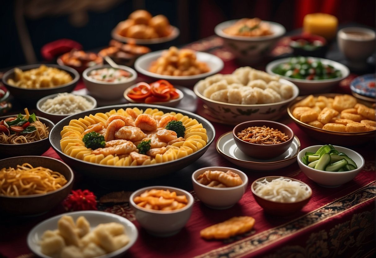 A table adorned with an array of Chinese New Year finger foods and side dishes, showcasing savory delights in vibrant colors and intricate designs